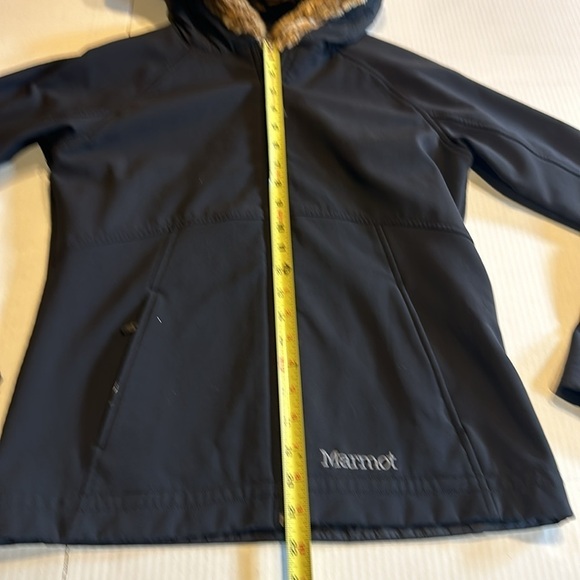 Marmot black tan brown faux furlong hoodie jacket w zipper front and pockets - Picture 5 of 12